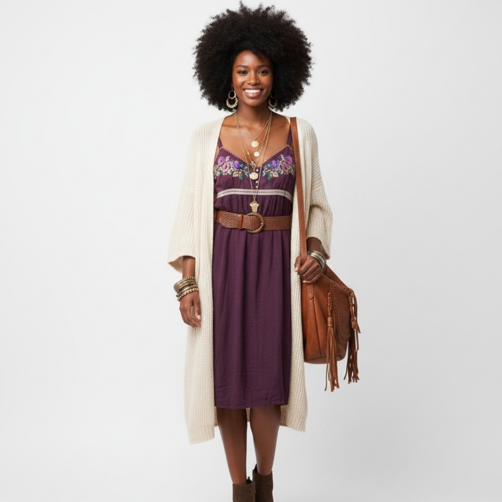 FREE PEOPLE womens S purple smocked bodice with embroidered detail